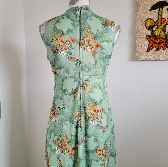 70s Vintage Green Orange Floral Maxi Dress + Shirt Jacket - Picture 7 of 10